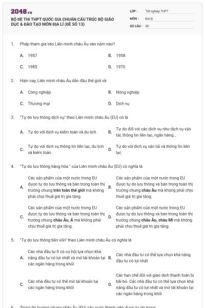 BỘ ĐỀ THI THPT QUỐC GIA CHUẨN CẤU TRÚC BỘ GIÁO DỤC & ĐÀO TẠO MÔN ĐỊA LÍ (ĐỀ SỐ 13)