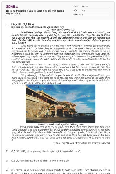 Bộ 10 đề thi cuối kì 1 Văn 10 Cánh diều cấu trúc mới có đáp án - Đề 3