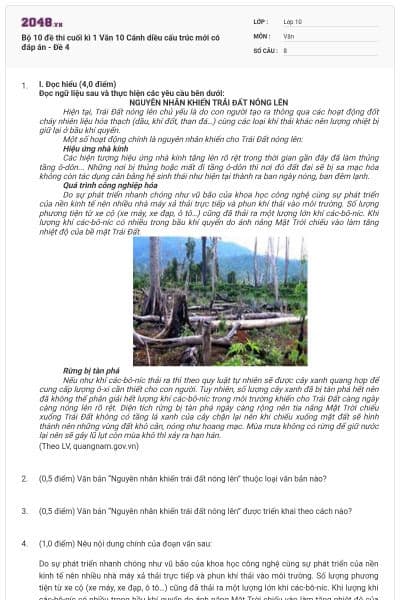 Bộ 10 đề thi cuối kì 1 Văn 10 Cánh diều cấu trúc mới có đáp án - Đề 4