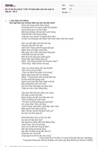Bộ 10 đề thi cuối kì 1 Văn 10 Cánh diều cấu trúc mới có đáp án - Đề 5