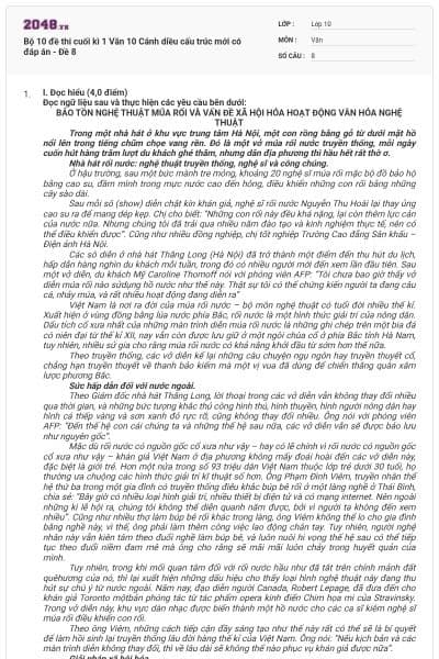 Bộ 10 đề thi cuối kì 1 Văn 10 Cánh diều cấu trúc mới có đáp án - Đề 8