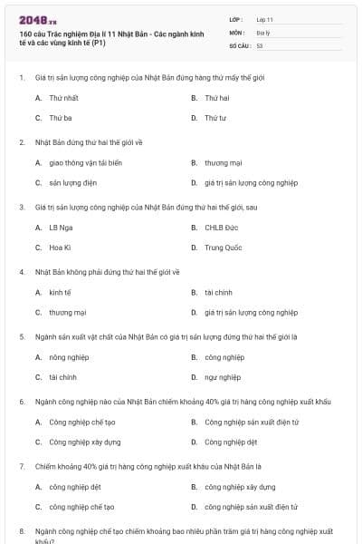 160 câu Trắc nghiệm Địa lí 11 Nhật Bản - Các ngành kinh tế và các vùng kinh tế (P1)
