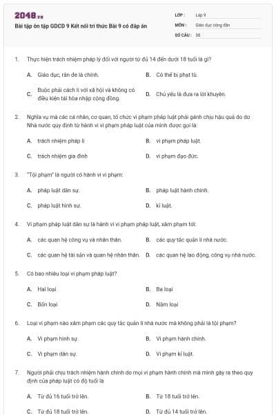 Bài tập ôn tập GDCD 9 Kết nối tri thức Bài 9 có đáp án