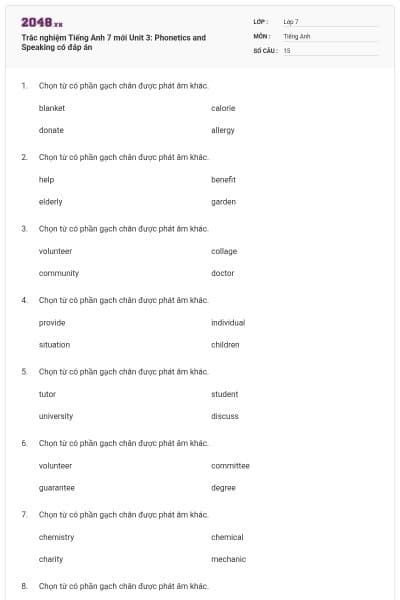 Trắc nghiệm Tiếng Anh 7 mới Unit 3: Phonetics and Speaking có đáp án