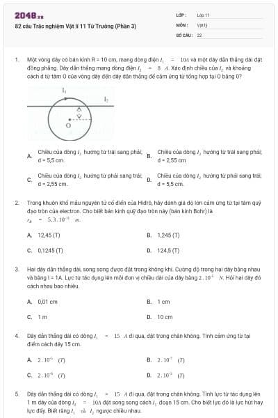 82 câu Trắc nghiệm Vật lí 11 Từ Trường (Phần 3)
