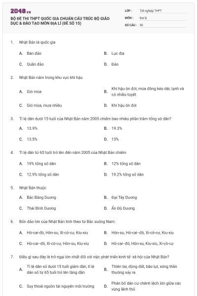 BỘ ĐỀ THI THPT QUỐC GIA CHUẨN CẤU TRÚC BỘ GIÁO DỤC & ĐÀO TẠO MÔN ĐỊA LÍ (ĐỀ SỐ 15)