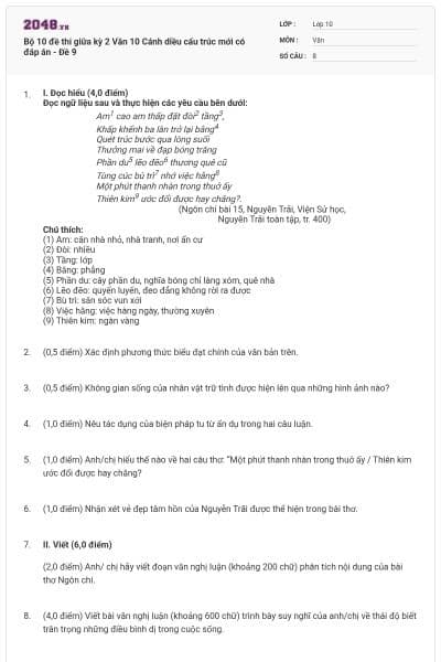 Bộ 10 đề thi giữa kỳ 2 Văn 10 Cánh diều cấu trúc mới có đáp án - Đề 9