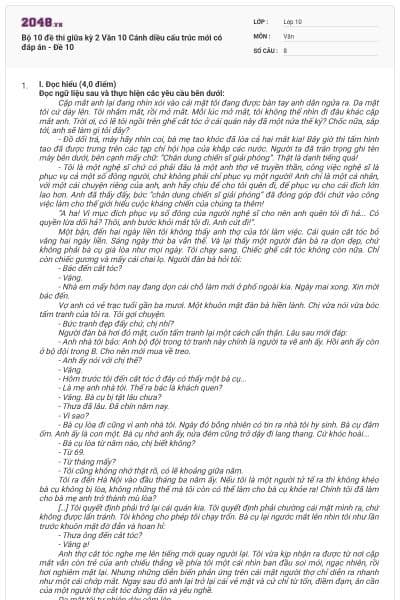 Bộ 10 đề thi giữa kỳ 2 Văn 10 Cánh diều cấu trúc mới có đáp án - Đề 10