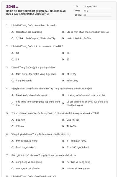 BỘ ĐỀ THI THPT QUỐC GIA CHUẨN CẤU TRÚC BỘ GIÁO DỤC & ĐÀO TẠO MÔN ĐỊA LÍ (ĐỀ SỐ 16)
