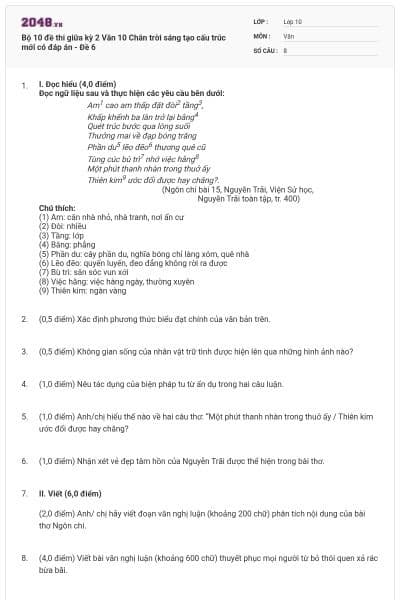 Bộ 10 đề thi giữa kỳ 2 Văn 10 Chân trời sáng tạo cấu trúc mới có đáp án - Đề 6