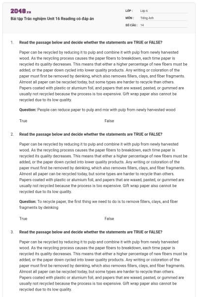 Bài tập Trắc nghiệm Unit 16 Reading có đáp án