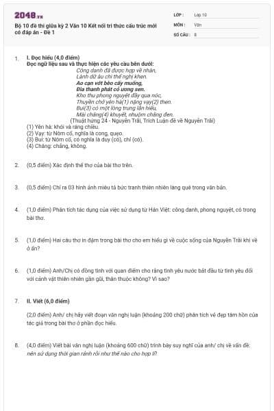 Bộ 10 đề thi giữa kỳ 2 Văn 10 Kết nối tri thức cấu trúc mới có đáp án - Đề 1