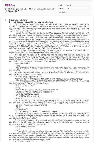 Bộ 10 đề thi giữa kỳ 2 Văn 10 Kết nối tri thức cấu trúc mới có đáp án - Đề 7