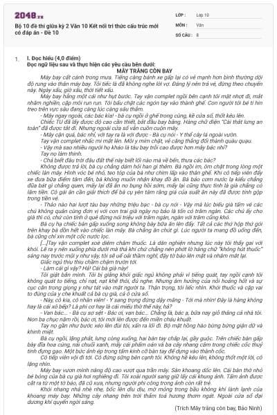 Bộ 10 đề thi giữa kỳ 2 Văn 10 Kết nối tri thức cấu trúc mới có đáp án - Đề 10