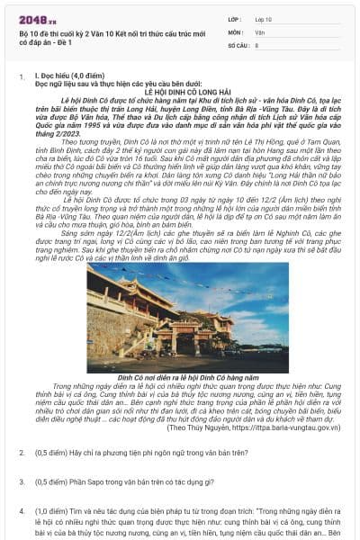 Bộ 10 đề thi cuối kỳ 2 Văn 10 Kết nối tri thức cấu trúc mới có đáp án - Đề 1