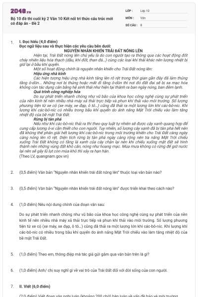 Bộ 10 đề thi cuối kỳ 2 Văn 10 Kết nối tri thức cấu trúc mới có đáp án - Đề 2
