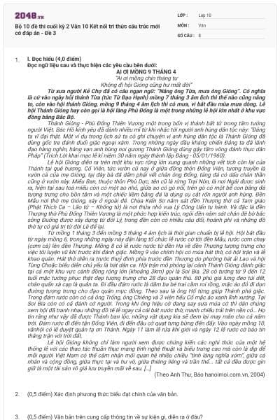 Bộ 10 đề thi cuối kỳ 2 Văn 10 Kết nối tri thức cấu trúc mới có đáp án - Đề 3