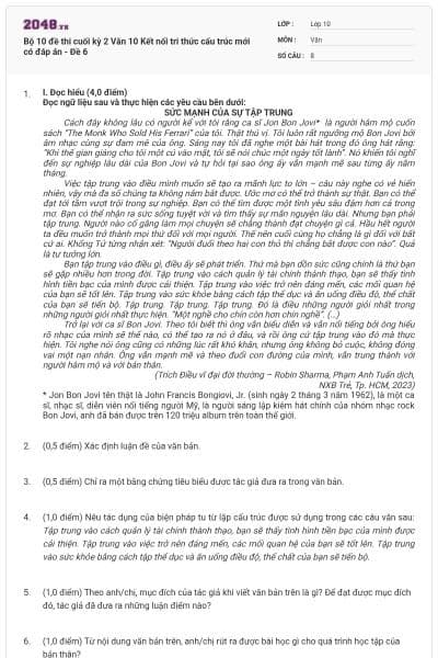 Bộ 10 đề thi cuối kỳ 2 Văn 10 Kết nối tri thức cấu trúc mới có đáp án - Đề 6