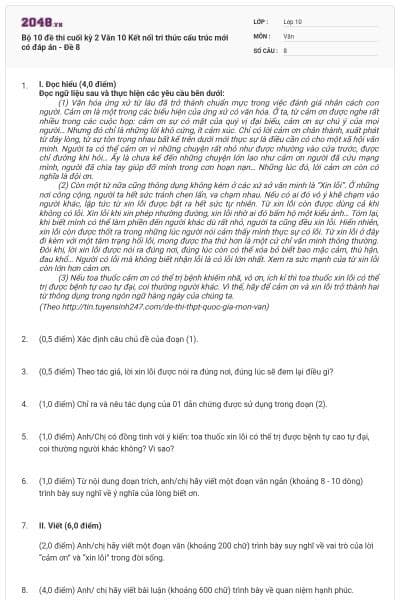 Bộ 10 đề thi cuối kỳ 2 Văn 10 Kết nối tri thức cấu trúc mới có đáp án - Đề 8