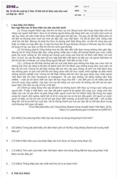 Bộ 10 đề thi cuối kỳ 2 Văn 10 Kết nối tri thức cấu trúc mới có đáp án - Đề 9