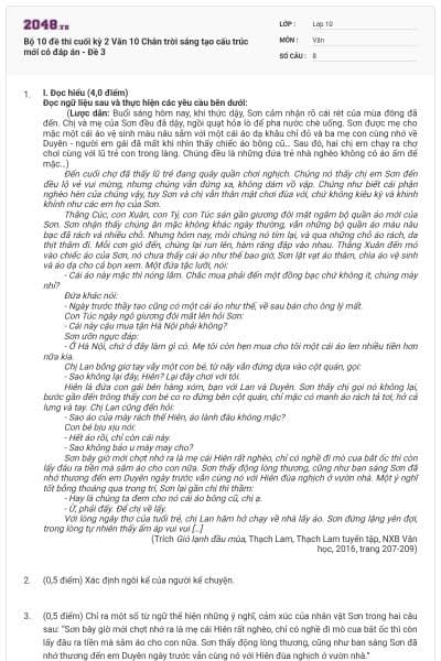 Bộ 10 đề thi cuối kỳ 2 Văn 10 Chân trời sáng tạo cấu trúc mới có đáp án - Đề 3