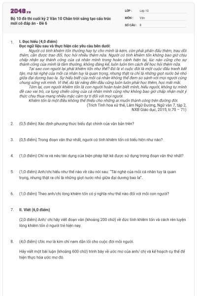 Bộ 10 đề thi cuối kỳ 2 Văn 10 Chân trời sáng tạo cấu trúc mới có đáp án - Đề 6
