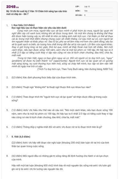 Bộ 10 đề thi cuối kỳ 2 Văn 10 Chân trời sáng tạo cấu trúc mới có đáp án - Đề 7