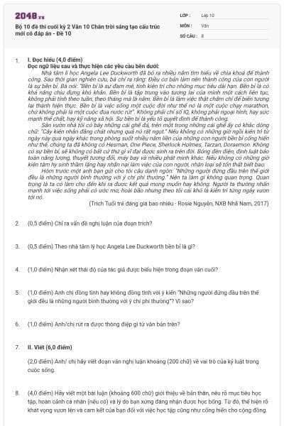 Bộ 10 đề thi cuối kỳ 2 Văn 10 Chân trời sáng tạo cấu trúc mới có đáp án - Đề 10