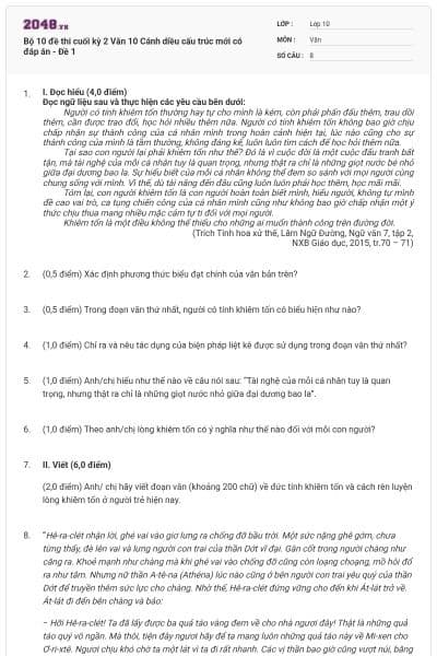 Bộ 10 đề thi cuối kỳ 2 Văn 10 Cánh diều cấu trúc mới có đáp án - Đề 1