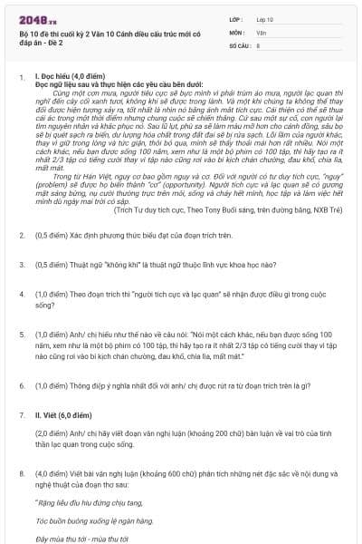 Bộ 10 đề thi cuối kỳ 2 Văn 10 Cánh diều cấu trúc mới có đáp án - Đề 2