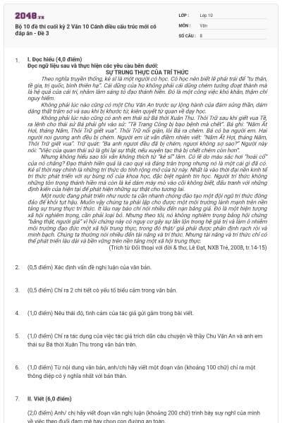 Bộ 10 đề thi cuối kỳ 2 Văn 10 Cánh diều cấu trúc mới có đáp án - Đề 3