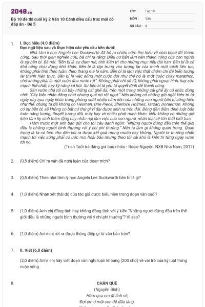 Bộ 10 đề thi cuối kỳ 2 Văn 10 Cánh diều cấu trúc mới có đáp án - Đề 5