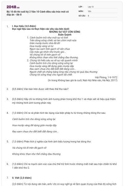 Bộ 10 đề thi cuối kỳ 2 Văn 10 Cánh diều cấu trúc mới có đáp án - Đề 8