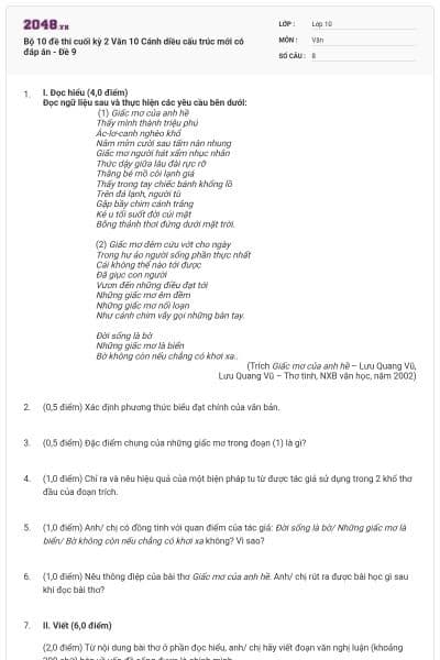 Bộ 10 đề thi cuối kỳ 2 Văn 10 Cánh diều cấu trúc mới có đáp án - Đề 9