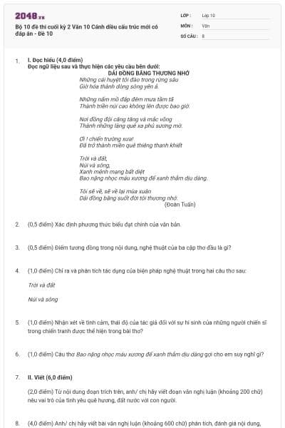 Bộ 10 đề thi cuối kỳ 2 Văn 10 Cánh diều cấu trúc mới có đáp án - Đề 10