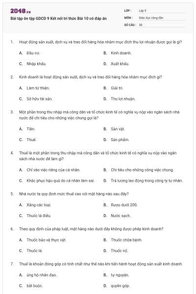 Bài tập ôn tập GDCD 9 Kết nối tri thức Bài 10 có đáp án