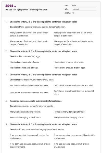 Bài tập Trắc nghiệm Unit 16 Writing có đáp án