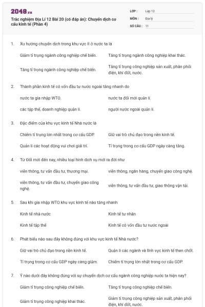 Trắc nghiệm Địa Lí 12 Bài 20 (có đáp án): Chuyển dịch cơ cấu kinh tế (Phần 4)