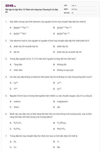 Bài tập ôn tập Hóa 12 Chân trời sáng tạo Chương 8 có đáp án