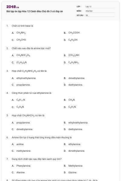 Bài tập ôn tập Hóa 12 Cánh diều Chủ đề 3 có đáp án