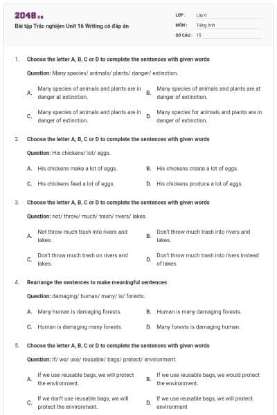 Bài tập Trắc nghiệm Unit 16 Writing có đáp án