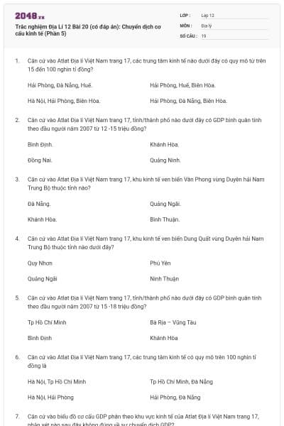 Trắc nghiệm Địa Lí 12 Bài 20 (có đáp án): Chuyển dịch cơ cấu kinh tế (Phần 5)