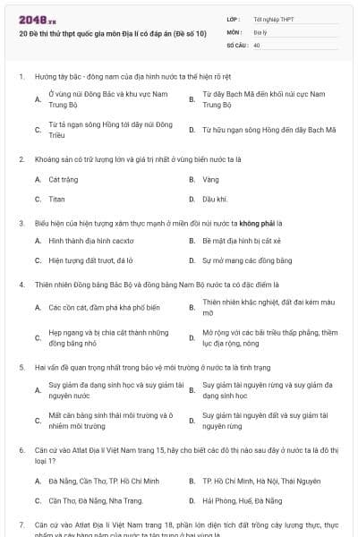 20 Đề thi thử thpt quốc gia môn Địa lí có đáp án (Đề số 10)