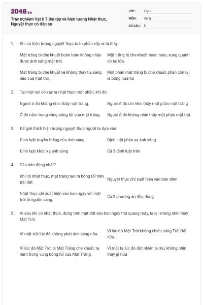 Trắc nghiệm Vật lí 7 Bài tập về hiện tượng Nhật thực, Nguyệt thực có đáp án