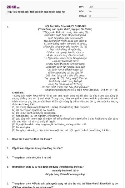 (Ngữ liệu ngoài sgk) Nỗi sầu oán của người cung nữ