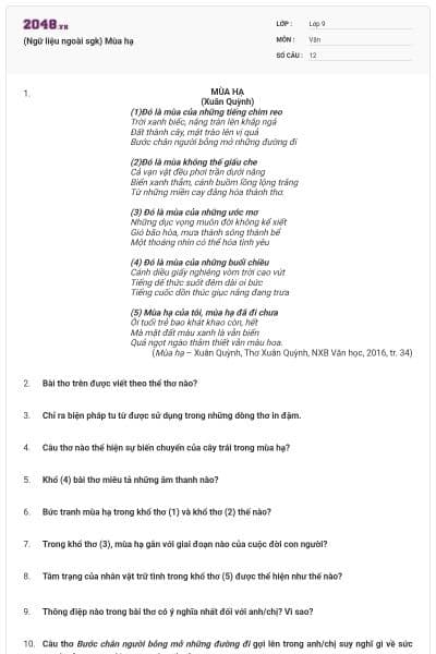 (Ngữ liệu ngoài sgk) Mùa hạ