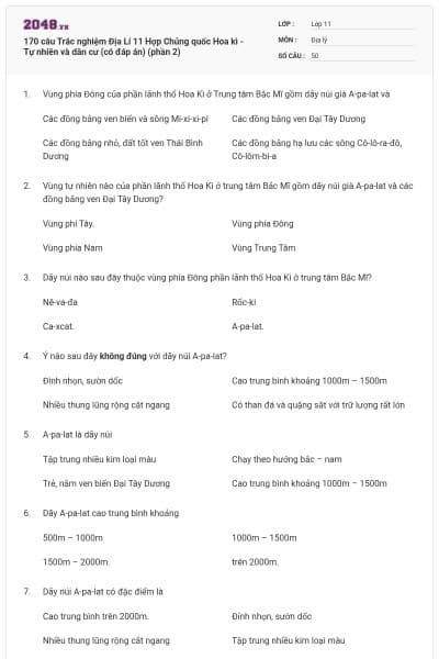 170 câu Trắc nghiệm Địa Lí 11 Hợp Chủng quốc Hoa kì - Tự nhiên và dân cư (có đáp án) (phần 2)
