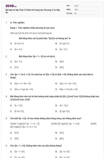 Bài tập ôn tập Toán 9 Chân trời sáng tạo Chương 2 có đáp án
