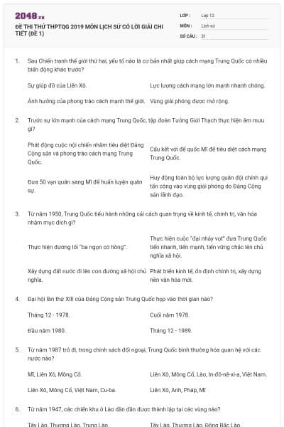ĐỀ THI THỬ THPTQG 2019 MÔN LỊCH SỬ CÓ LỜI GIẢI CHI TIẾT (ĐỀ 1)