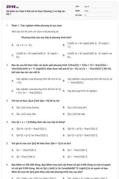Đề kiểm tra Toán 9 Kết nối tri thức Chương 2 có đáp án - Đề 1